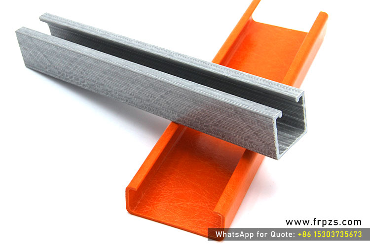 Variety of yellow pultruded Fiberglass (FRP) U-channel and C-channel profiles stacked for display. Multiple sizes available.