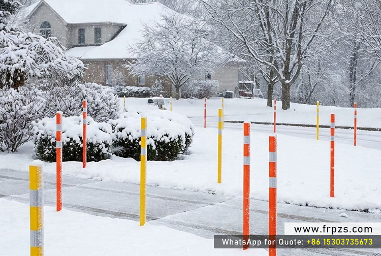 High-Visibility Fiberglass Driveway Snow Markers Installed Along Snowy Road Margins